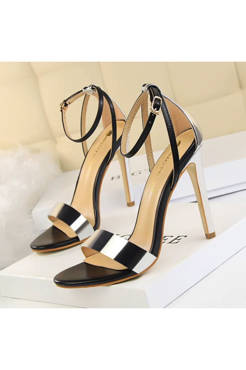 Open Toe Ankle Strap Patent Leather Stiletto Heels - KissProm