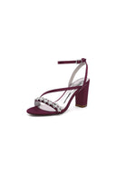 Open Toe Ankle Strap Satin Chunky Heels With Rhinestone - KissProm