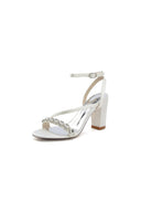 Open Toe Ankle Strap Satin Chunky Heels With Rhinestone - KissProm
