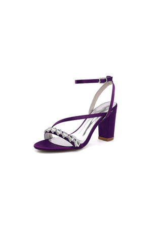 Open Toe Ankle Strap Satin Chunky Heels With Rhinestone - KissProm