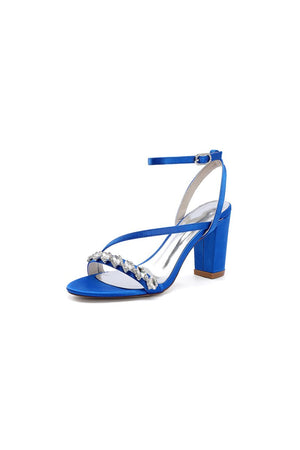 Open Toe Ankle Strap Satin Chunky Heels With Rhinestone - KissProm