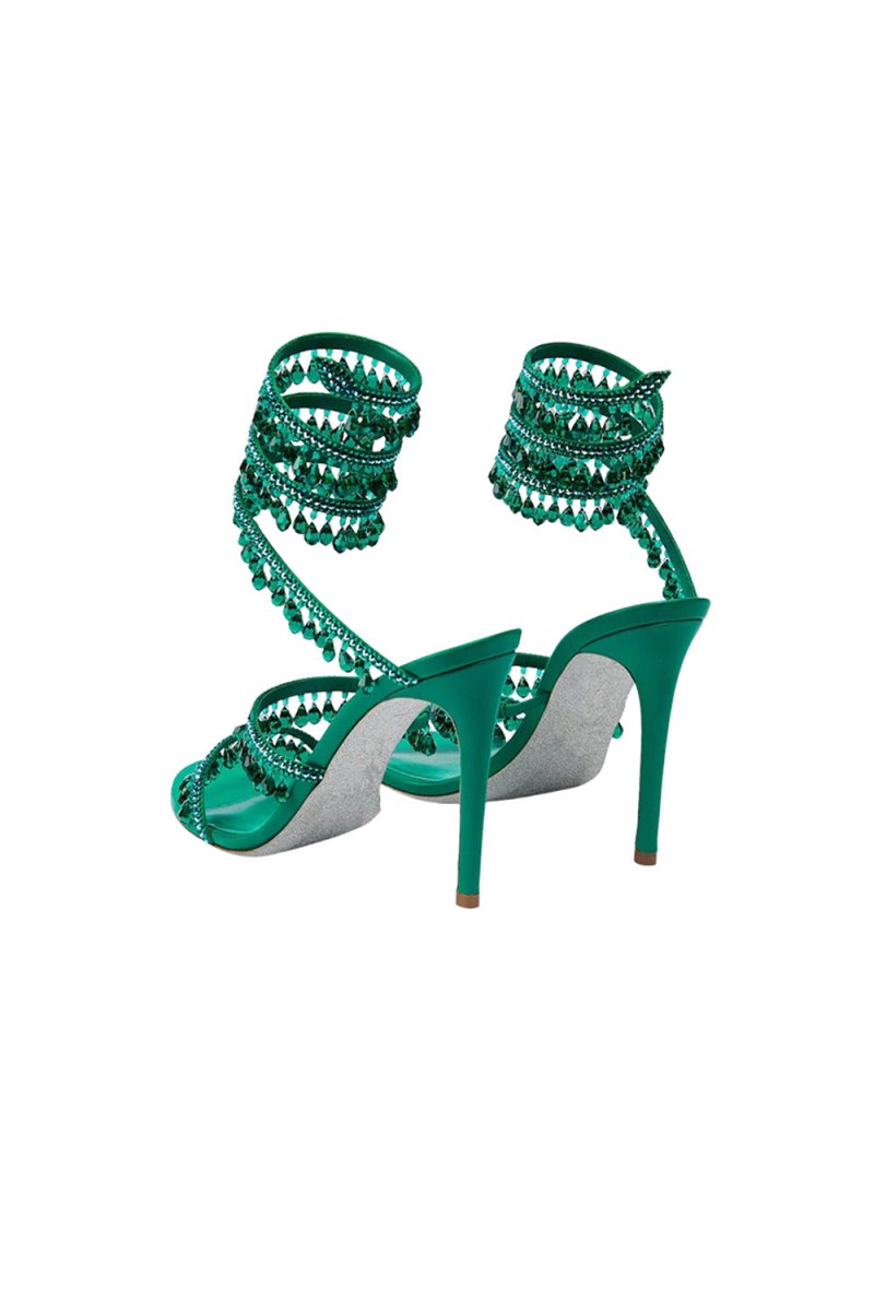 Open Toe Ankle Wrap Beaded Crystal Stiletto Heels