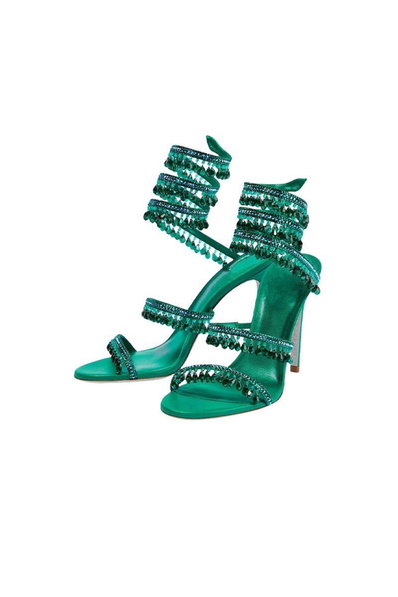 Open Toe Ankle Wrap Beaded Crystal Stiletto Heels