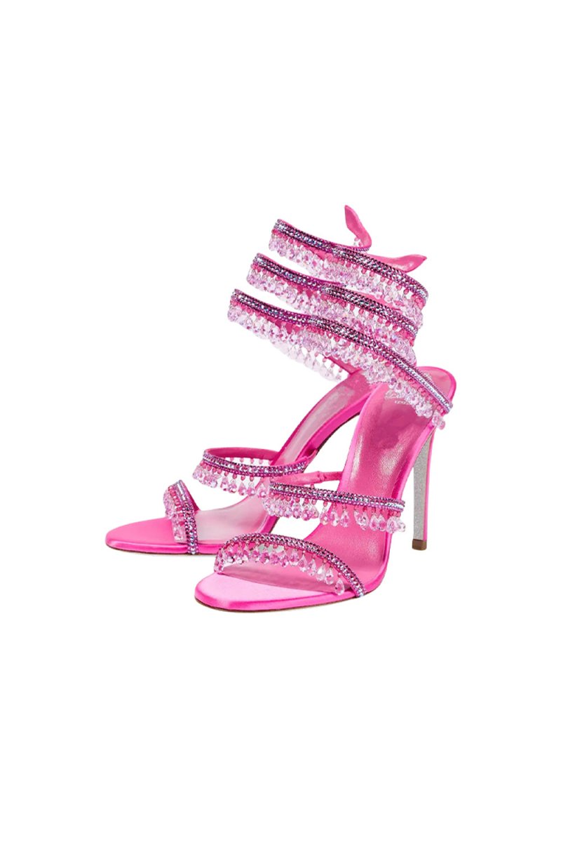 Open Toe Ankle Wrap Beaded Crystal Stiletto Heels