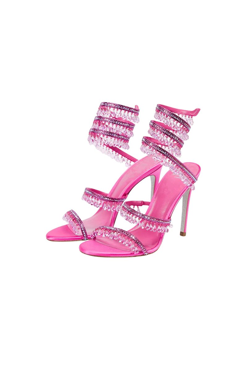 Open Toe Ankle Wrap Beaded Crystal Stiletto Heels