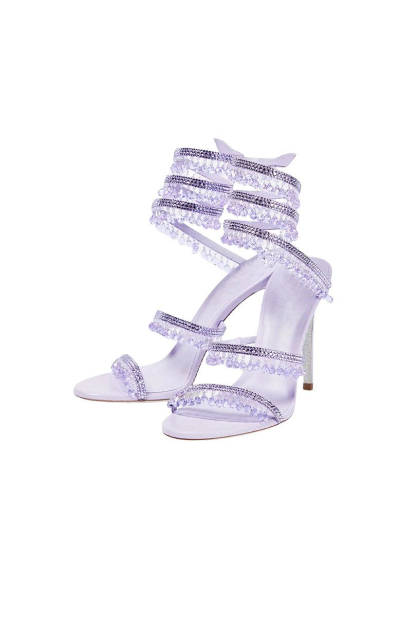 Open Toe Ankle Wrap Beaded Crystal Stiletto Heels