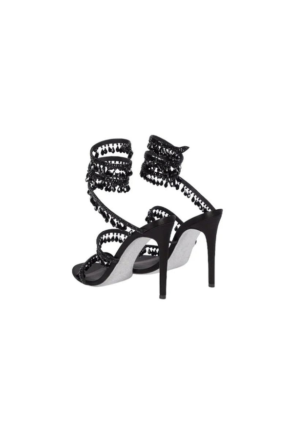 Open Toe Ankle Wrap Beaded Crystal Stiletto Heels - KissProm