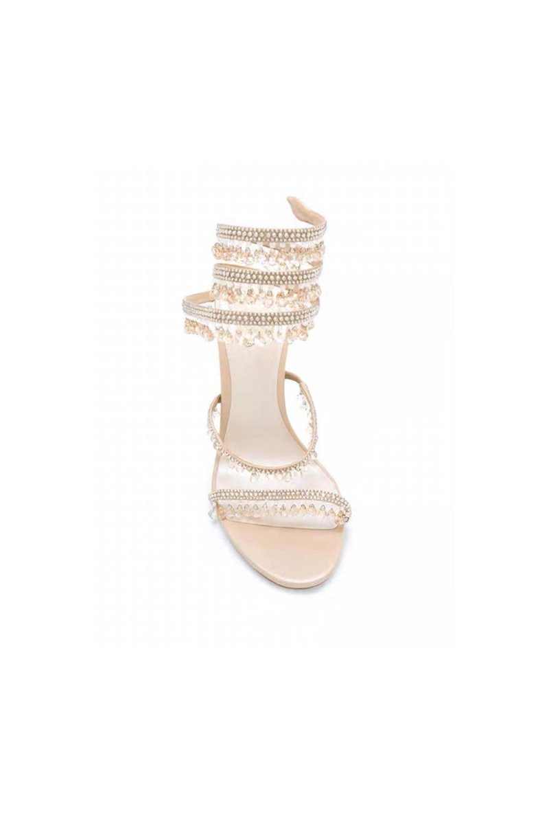 Open Toe Ankle Wrap Beaded Crystal Stiletto Heels