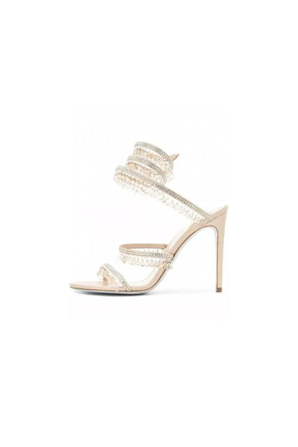 Open Toe Ankle Wrap Beaded Crystal Stiletto Heels - KissProm
