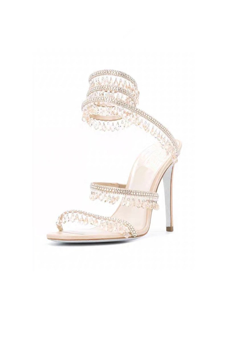 Open Toe Ankle Wrap Beaded Crystal Stiletto Heels