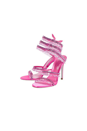 Open Toe Ankle Wrap Beaded Crystal Stiletto Heels - KissProm