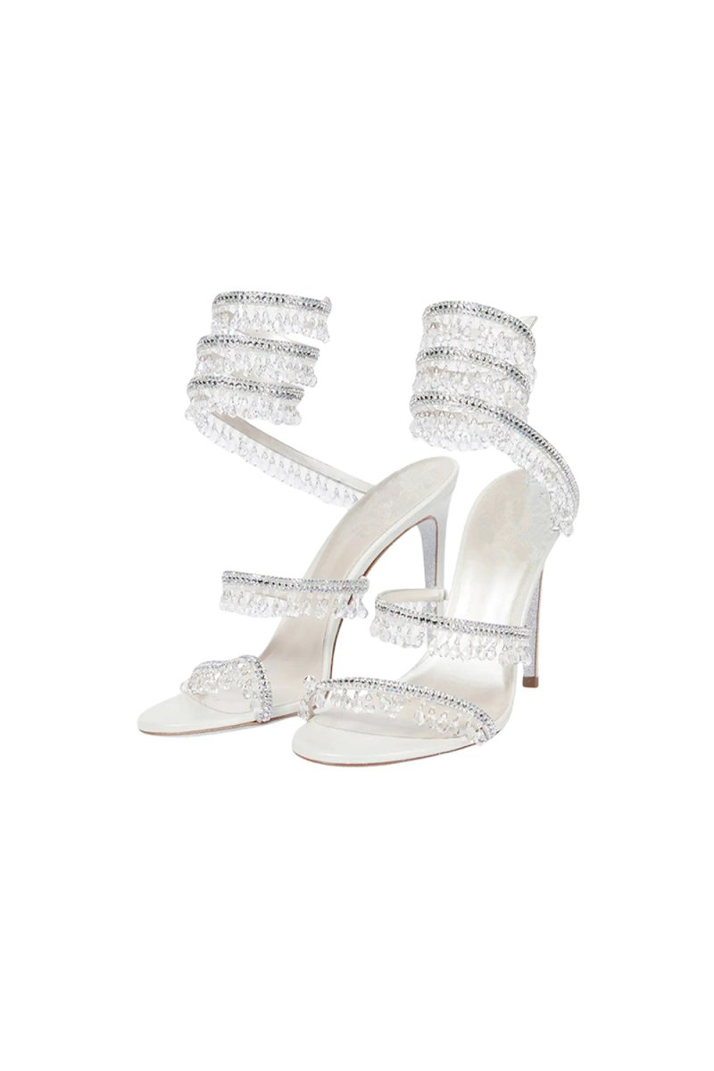 Open Toe Ankle Wrap Beaded Crystal Stiletto Heels