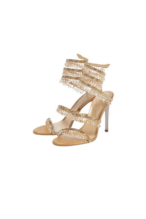 Open Toe Ankle Wrap Beaded Crystal Stiletto Heels - KissProm