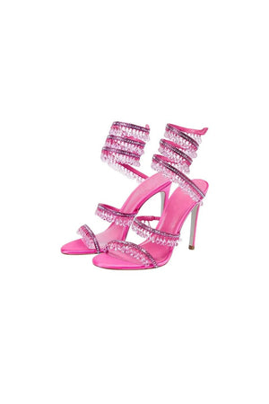 Open Toe Ankle Wrap Beaded Crystal Stiletto Heels - KissProm