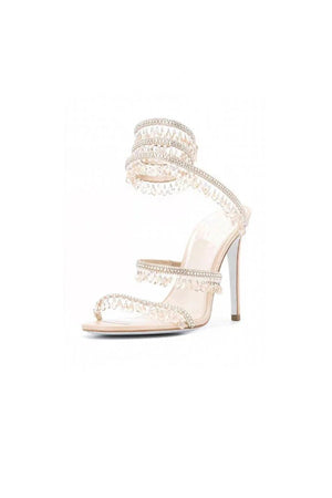 Open Toe Ankle Wrap Beaded Crystal Stiletto Heels - KissProm