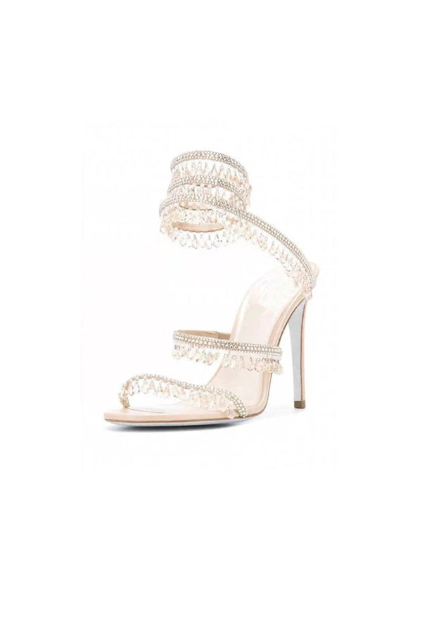 Open Toe Ankle Wrap Beaded Crystal Stiletto Heels - KissProm