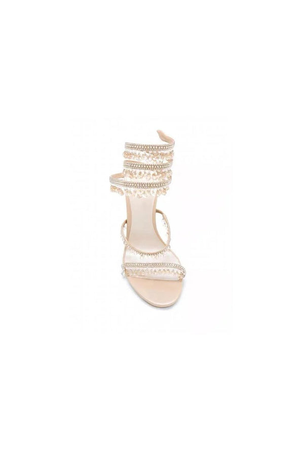 Open Toe Ankle Wrap Beaded Crystal Stiletto Heels - KissProm
