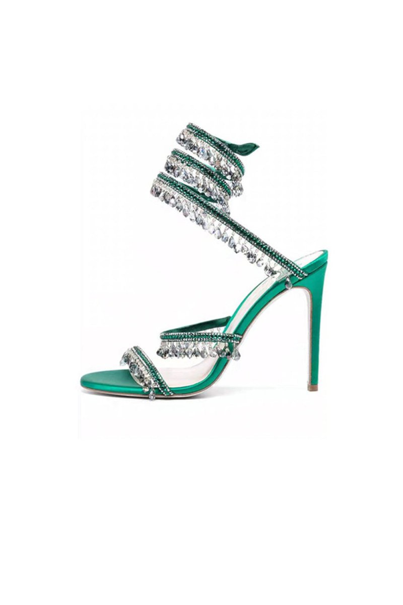 Open Toe Ankle Wrap Beaded Crystal Stiletto Heels