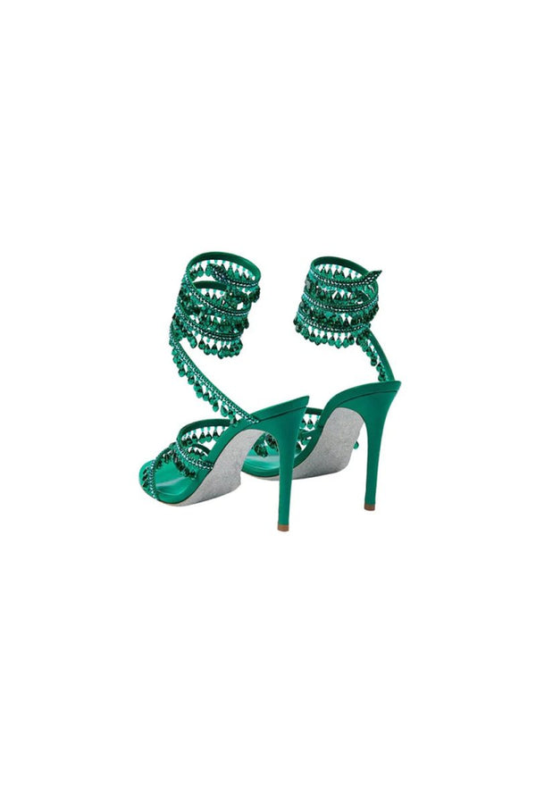 Open Toe Ankle Wrap Beaded Crystal Stiletto Heels - KissProm