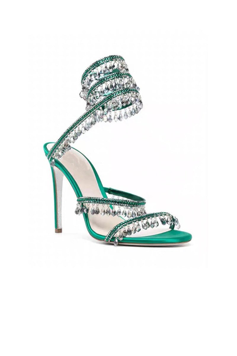 Open Toe Ankle Wrap Beaded Crystal Stiletto Heels