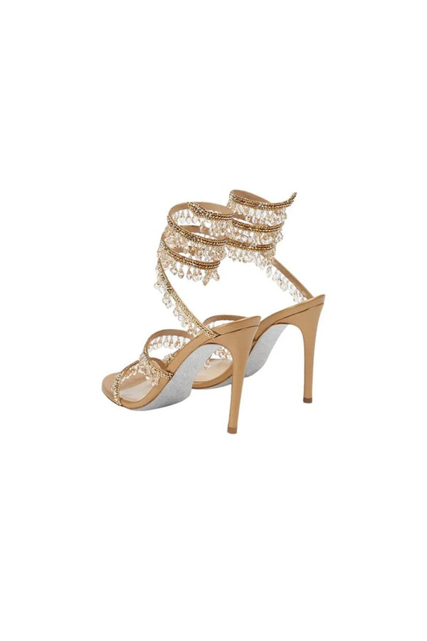 Open Toe Ankle Wrap Beaded Crystal Stiletto Heels - KissProm