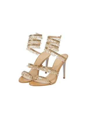 Open Toe Ankle Wrap Beaded Crystal Stiletto Heels - KissProm