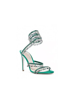 Open Toe Ankle Wrap Beaded Crystal Stiletto Heels - KissProm