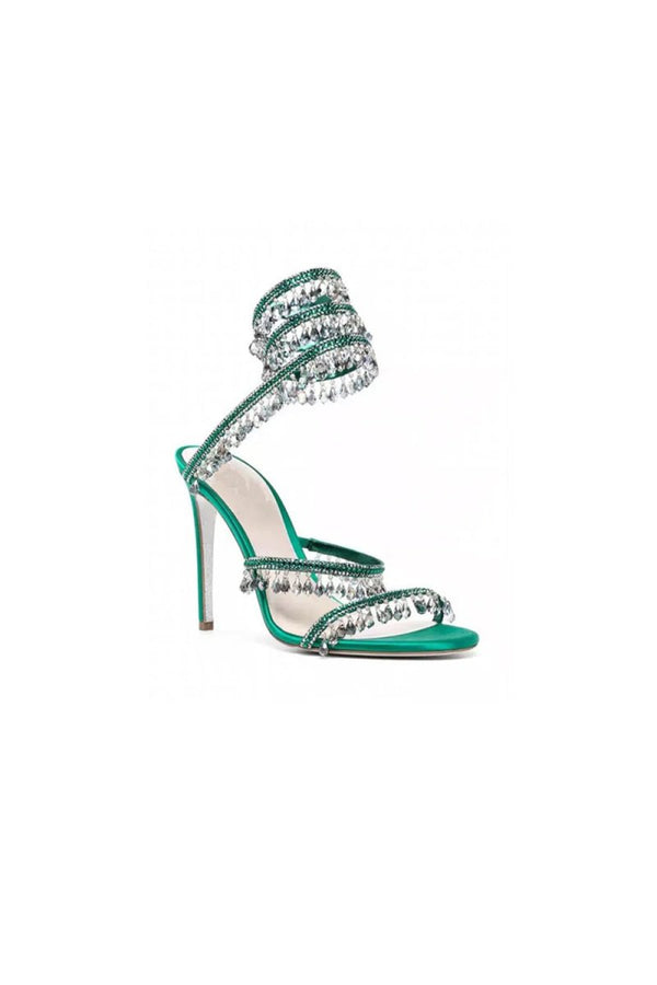 Open Toe Ankle Wrap Beaded Crystal Stiletto Heels - KissProm