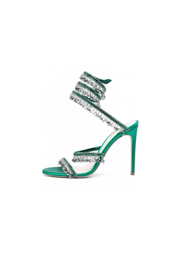 Open Toe Ankle Wrap Beaded Crystal Stiletto Heels - KissProm