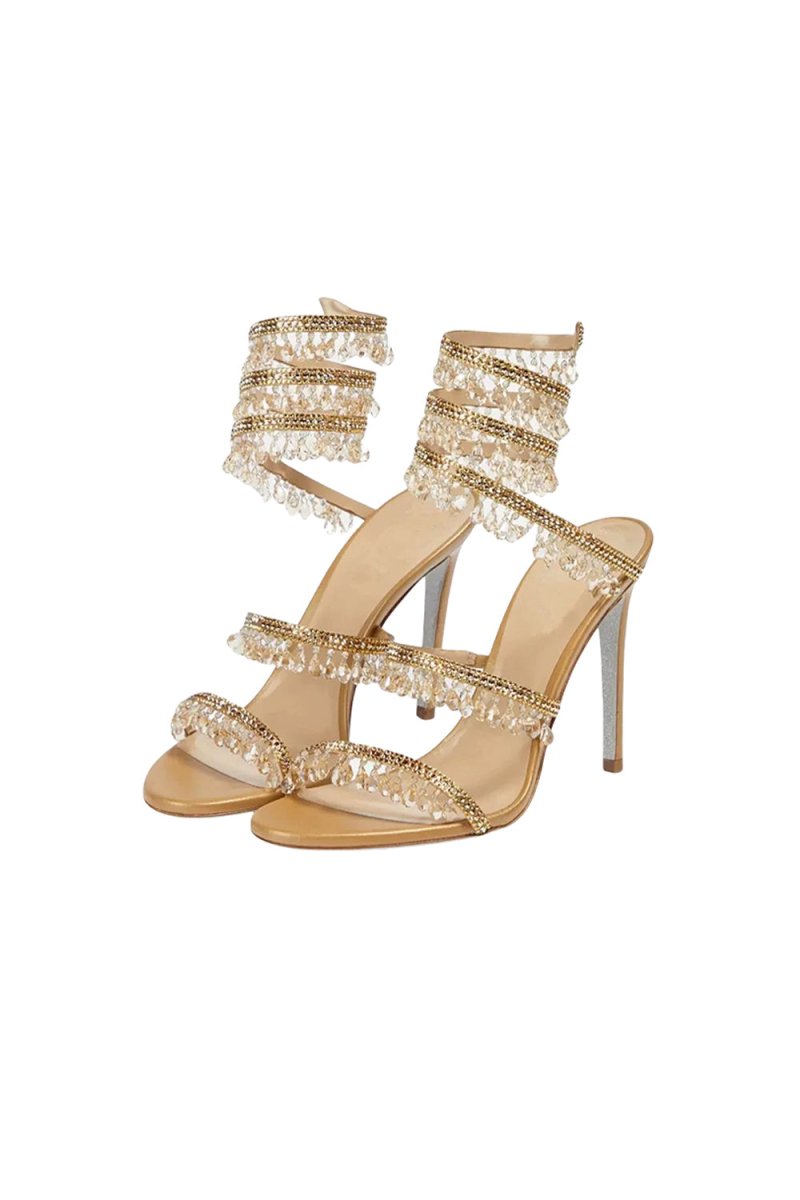 Open Toe Ankle Wrap Beaded Crystal Stiletto Heels