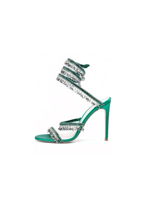 Open Toe Ankle Wrap Beaded Crystal Stiletto Heels - KissProm