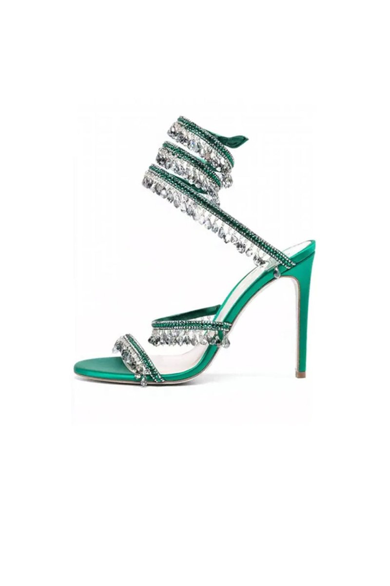 Open Toe Ankle Wrap Beaded Crystal Stiletto Heels