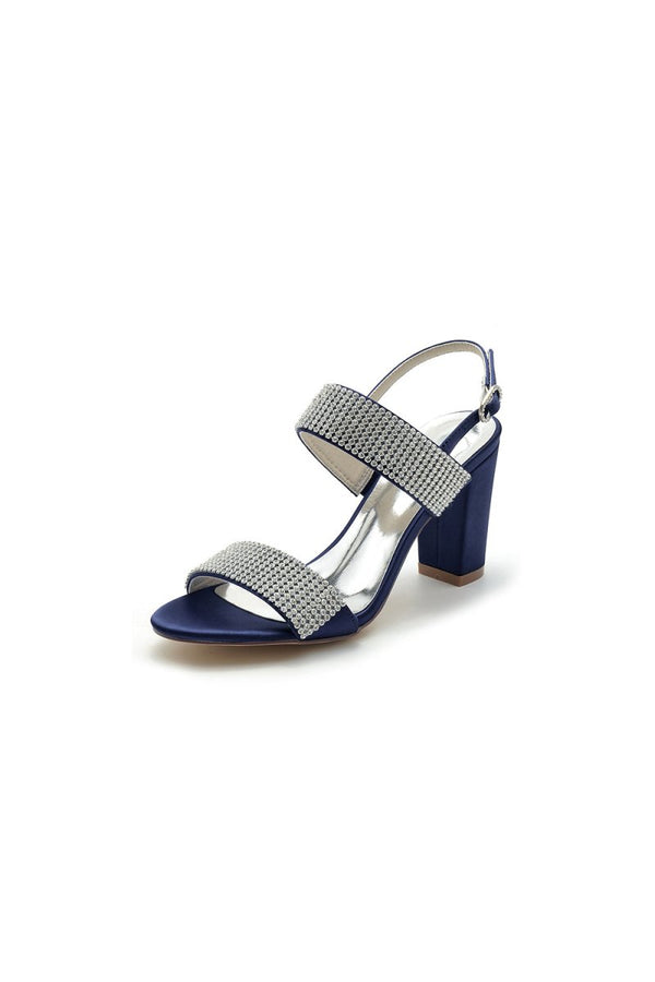 Open Toe Beaded Buckle Satin Chunky Heels - KissProm