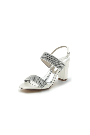 Open Toe Beaded Buckle Satin Chunky Heels - KissProm