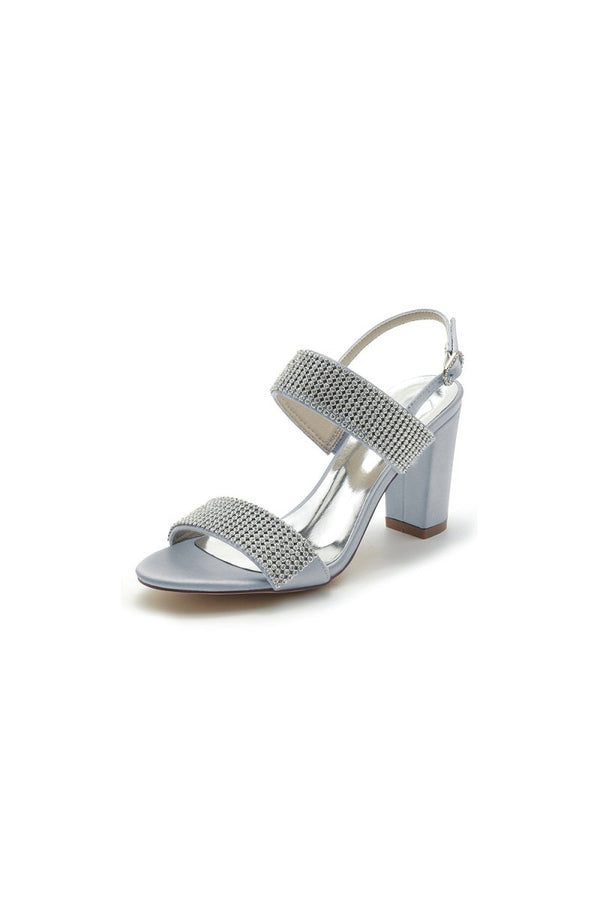 Open Toe Beaded Buckle Satin Chunky Heels - KissProm