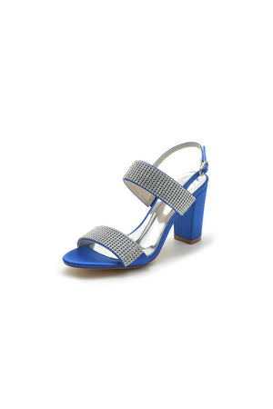 Open Toe Beaded Buckle Satin Chunky Heels - KissProm
