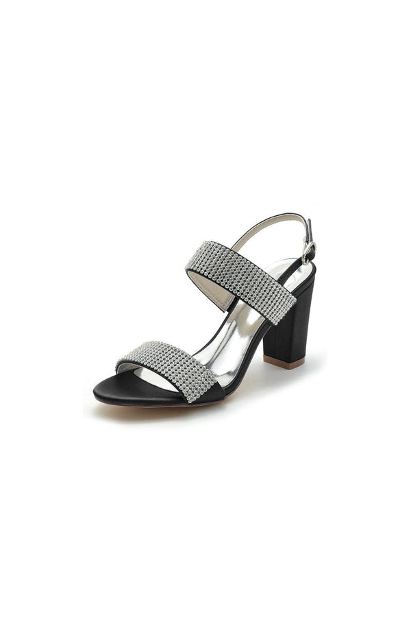 Open Toe Beaded Buckle Satin Chunky Heels - KissProm