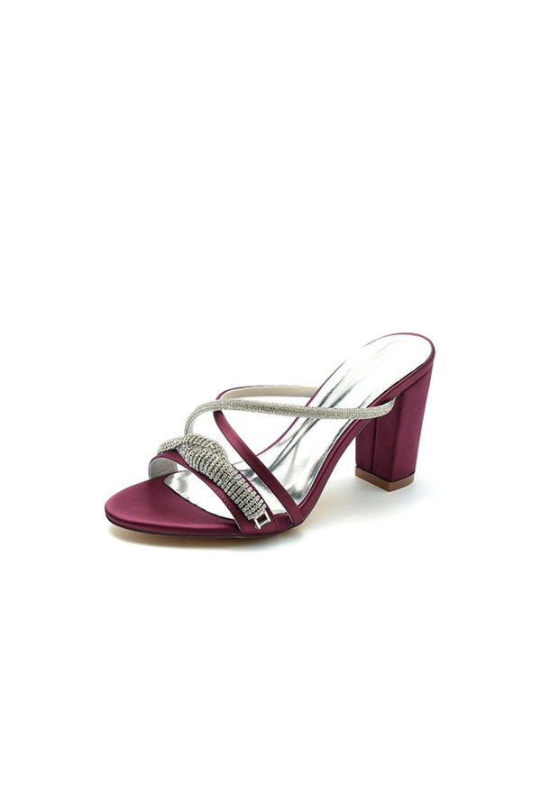Open Toe Block Heels with Rhinestone - KissProm
