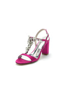 Open Toe Chunky Heels With Rhinestone Flower - KissProm