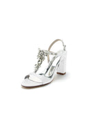 Open Toe Chunky Heels With Rhinestone Flower - KissProm