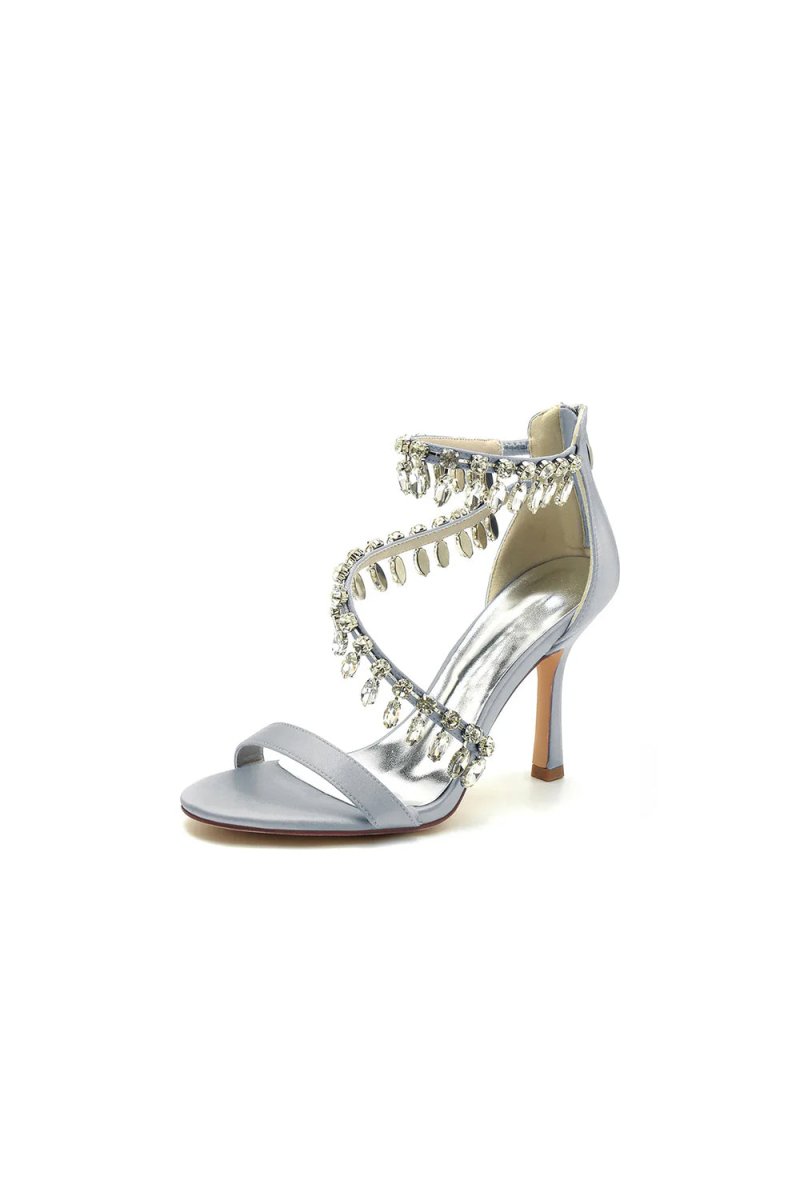 Open Toe Crystal Ankle Strap Stiletto Sandals - KissProm