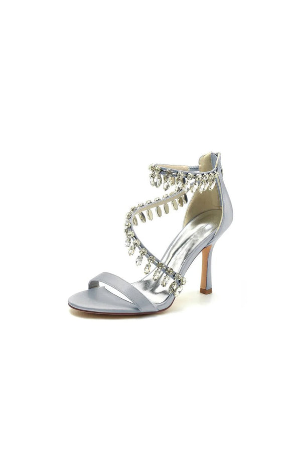 Open Toe Crystal Ankle Strap Stiletto Sandals - KissProm