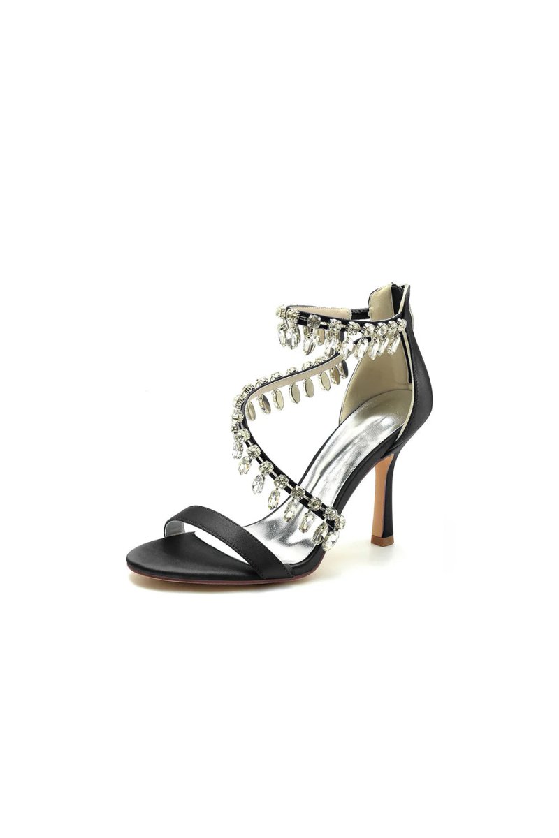 Open Toe Crystal Ankle Strap Stiletto Sandals - KissProm