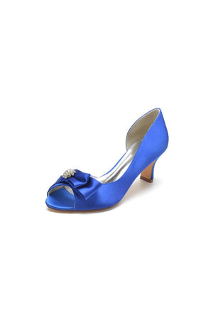 Open Toe Crystal Bow Chunky Heels - KissProm