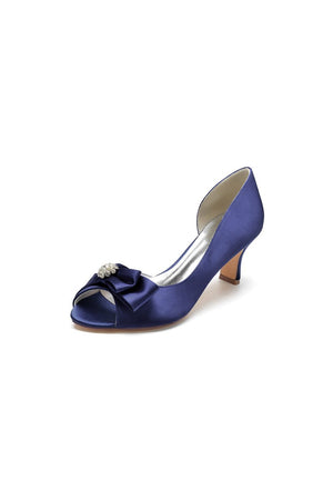Open Toe Crystal Bow Chunky Heels - KissProm