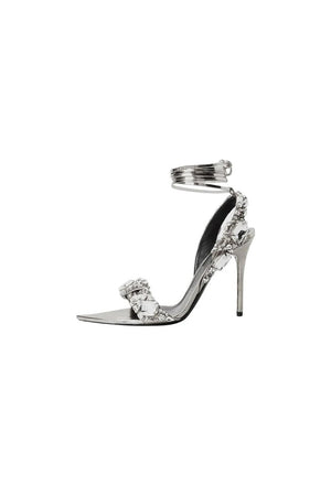 Open Toe Crystal - Embellished Metallic Lace - Up Stiletto Heels - KissProm