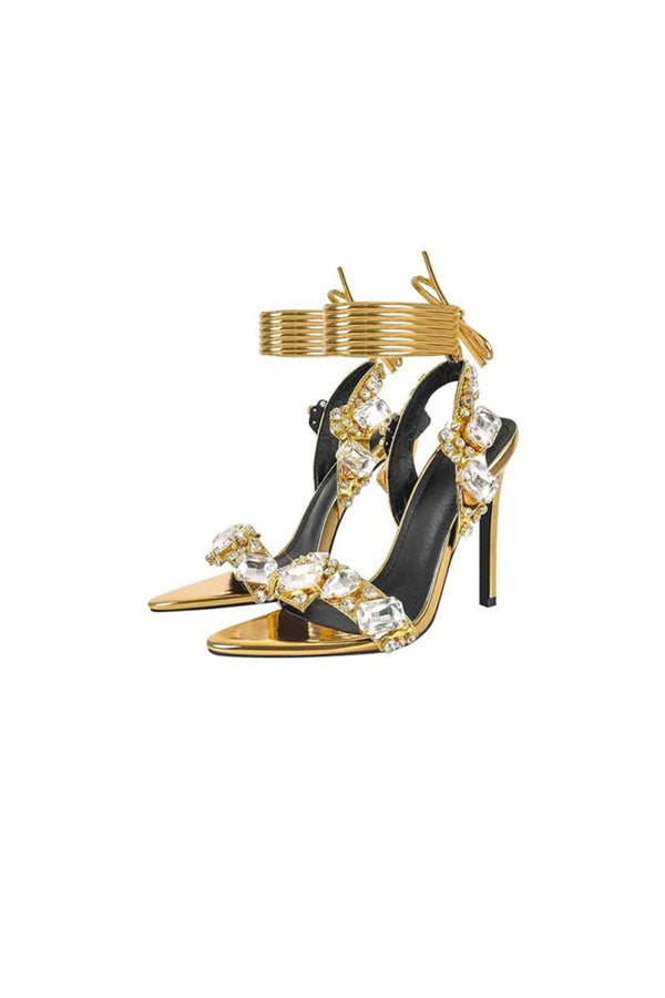 Open Toe Crystal - Embellished Metallic Lace - Up Stiletto Heels - KissProm
