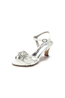 Open Toe Crystal Flower Chunky Heels - KissProm