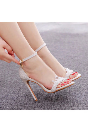 Open Toe lace Ankle Strap Wedding High Heel - KissProm