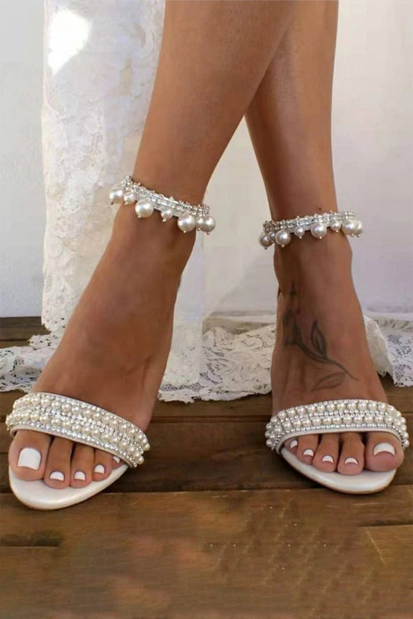 Open Toe Pearl Ankle Strap Block High Heels